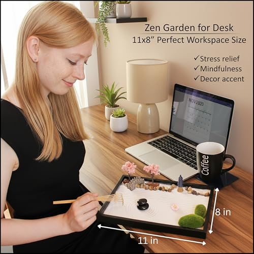 Zen Garden Desk Kit, Japanese Style Mini Sand & Rock Meditation Set with Tools & Accessories for Home Office Stress Relief and Decor
