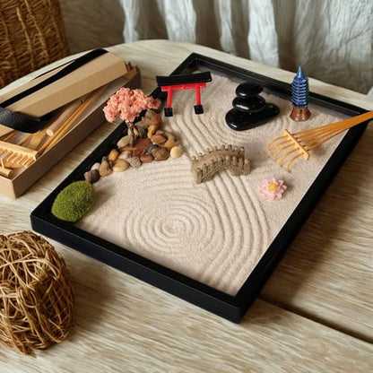Zen Garden Desk Kit, Japanese Style Mini Sand & Rock Meditation Set with Tools & Accessories for Home Office Stress Relief and Decor