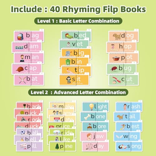 Phonics Flash Cards Word Family Build Book, 40 Read and Rhyme Flip Books Learn to Read Sight Words Flash Cards Kindergarten Reading Games for Kids Ages 4-8 1st 2nd 3rd Learning Activity