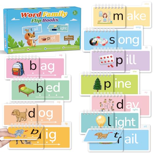Phonics Flash Cards Word Family Build Book, 40 Read and Rhyme Flip Books Learn to Read Sight Words Flash Cards Kindergarten Reading Games for Kids Ages 4-8 1st 2nd 3rd Learning Activity