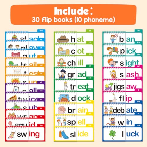 Phonics Flash Cards Word Family Build Book,Learn to Read 30 Read and Rhyme Flip Books,Sight Words Flash Cards Kindergarten Phonics Flip Books for Kids Classroom Homeschool Preschool Learning Activity
