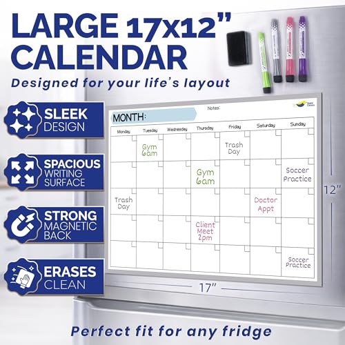 Magnetic Dry Erase Fridge Calendar, 17x12” Monthly Whiteboard Planner with Markers & Eraser for Family Scheduling and Organization