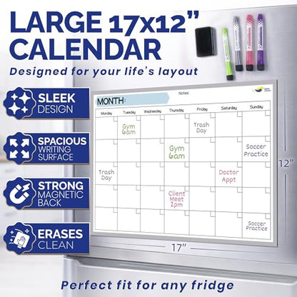 Magnetic Dry Erase Fridge Calendar, 17x12” Monthly Whiteboard Planner with Markers & Eraser for Family Scheduling and Organization