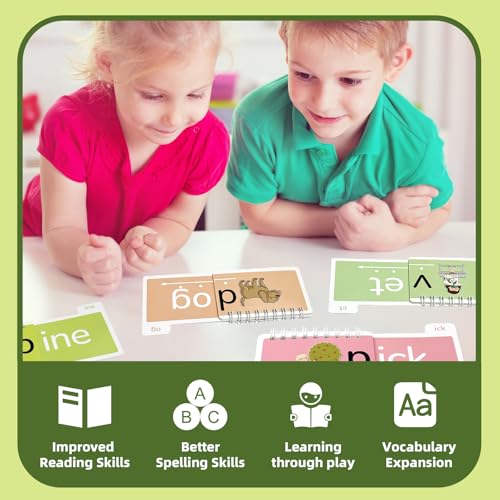 Phonics Flash Cards Word Family Build Book, 40 Read and Rhyme Flip Books Learn to Read Sight Words Flash Cards Kindergarten Reading Games for Kids Ages 4-8 1st 2nd 3rd Learning Activity