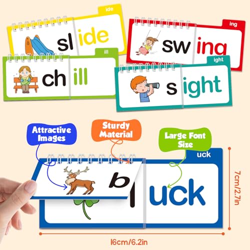 Phonics Flash Cards Word Family Build Book,Learn to Read 30 Read and Rhyme Flip Books,Sight Words Flash Cards Kindergarten Phonics Flip Books for Kids Classroom Homeschool Preschool Learning Activity