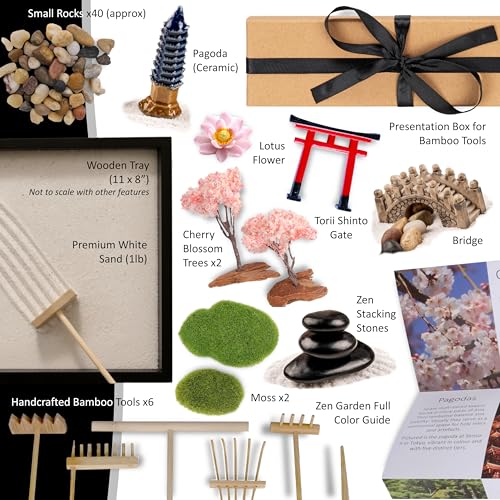 Zen Garden Desk Kit, Japanese Style Mini Sand & Rock Meditation Set with Tools & Accessories for Home Office Stress Relief and Decor