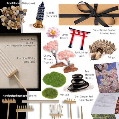 Zen Garden Desk Kit, Japanese Style Mini Sand & Rock Meditation Set with Tools & Accessories for Home Office Stress Relief and Decor