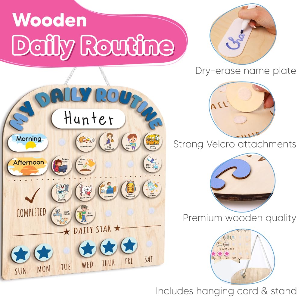 Wooden Daily Routine Chart for Kids, Visual Chore & Reward System with Morning & Bedtime Tasks