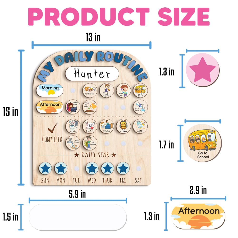 Wooden Daily Routine Chart for Kids, Visual Chore & Reward System with Morning & Bedtime Tasks