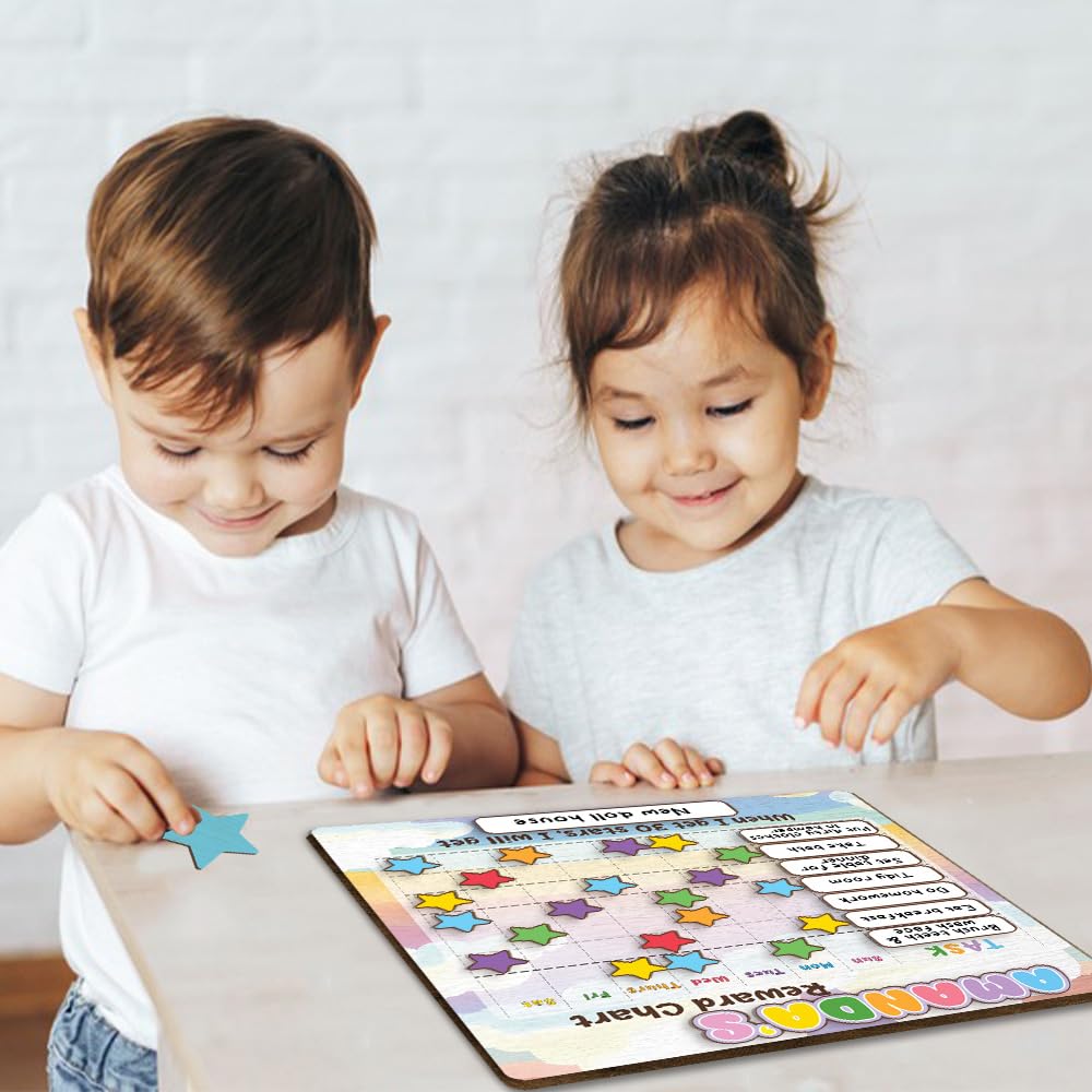 Wooden Daily Routine Chart for Kids, Montessori Visual Schedule & Reward Board with Stars for Toddlers Ages 3–6