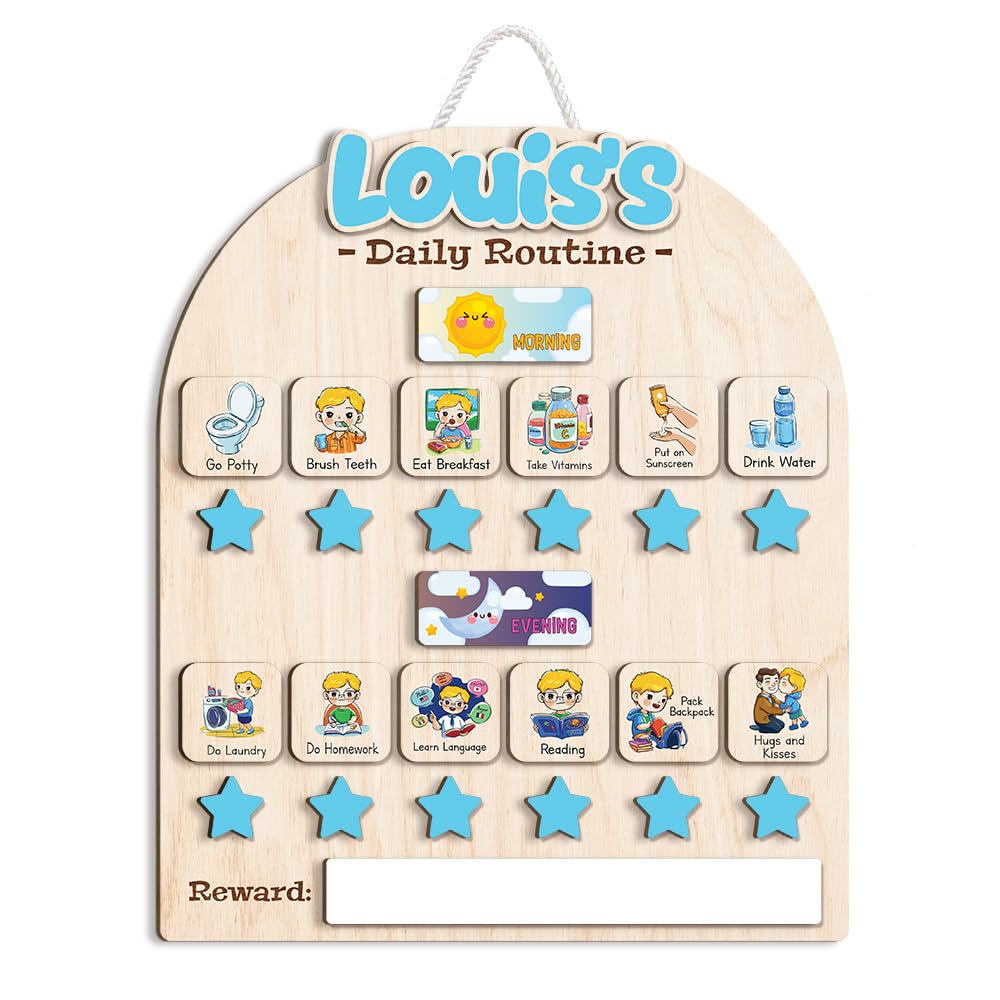 Wooden Daily Routine Chart for Kids, Visual Chore & Reward System with Morning & Bedtime Tasks