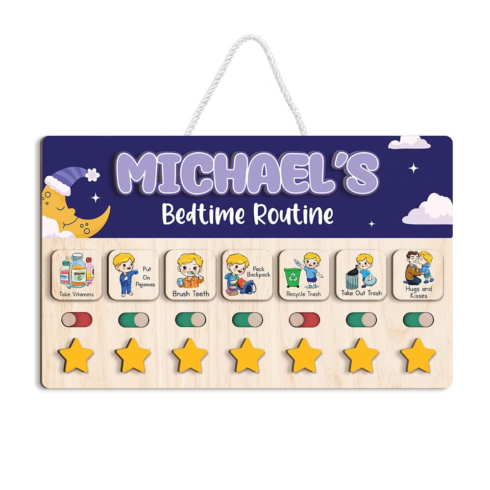 Wooden Daily Routine Chart for Kids, Visual Chore & Reward System with Morning & Bedtime Tasks