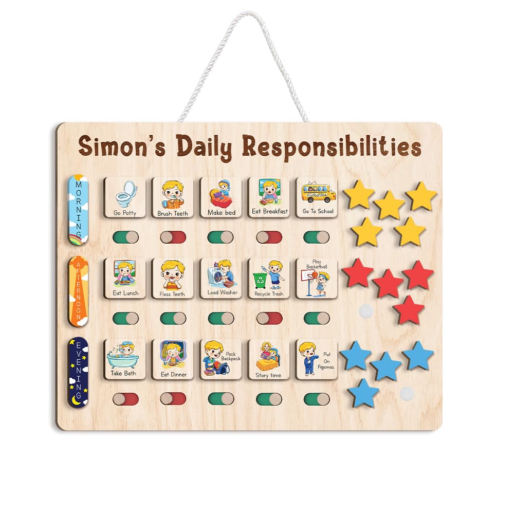 Wooden Daily Routine Chart for Kids, Montessori Visual Schedule & Reward Board with Stars for Toddlers Ages 3–6