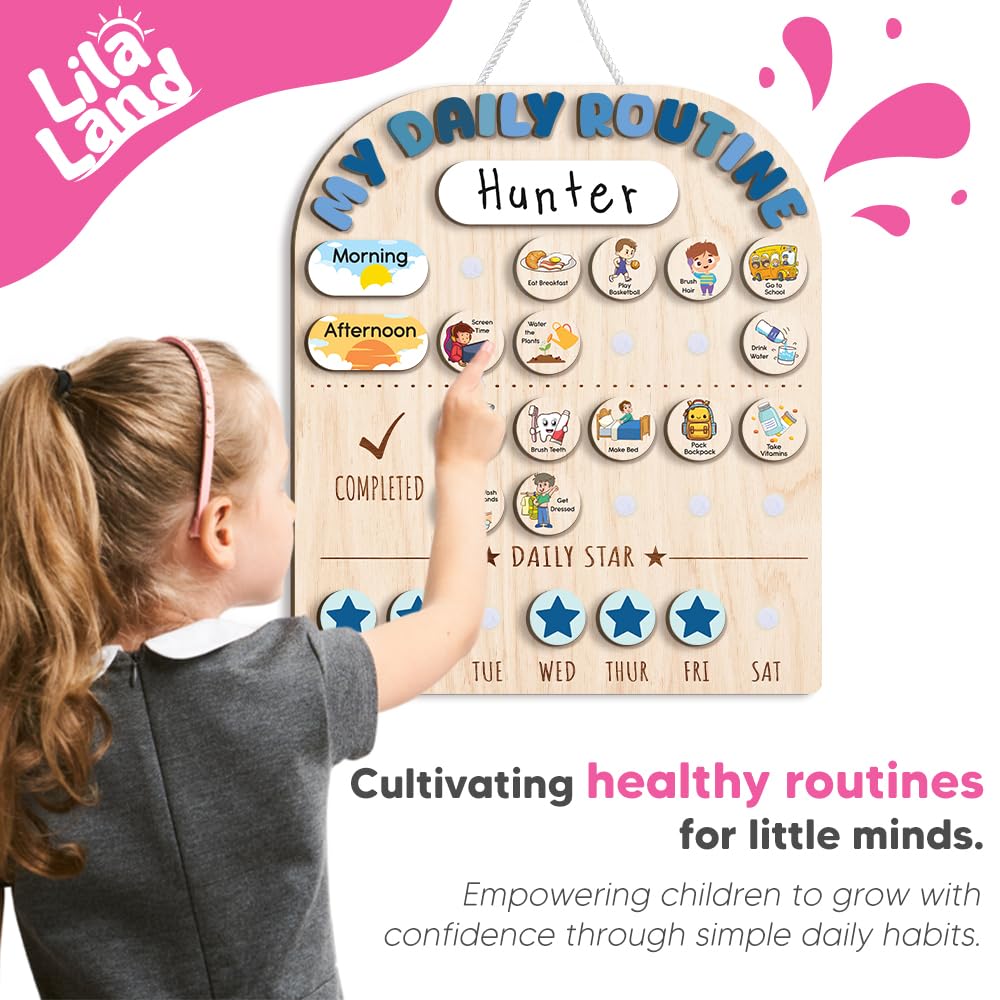 Wooden Daily Routine Chart for Kids, Visual Chore & Reward System with Morning & Bedtime Tasks