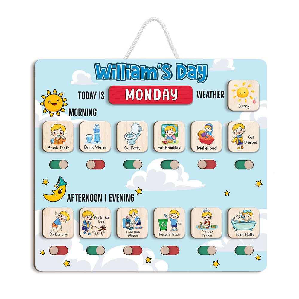 Wooden Daily Routine Chart for Kids, Visual Chore & Reward System with Morning & Bedtime Tasks
