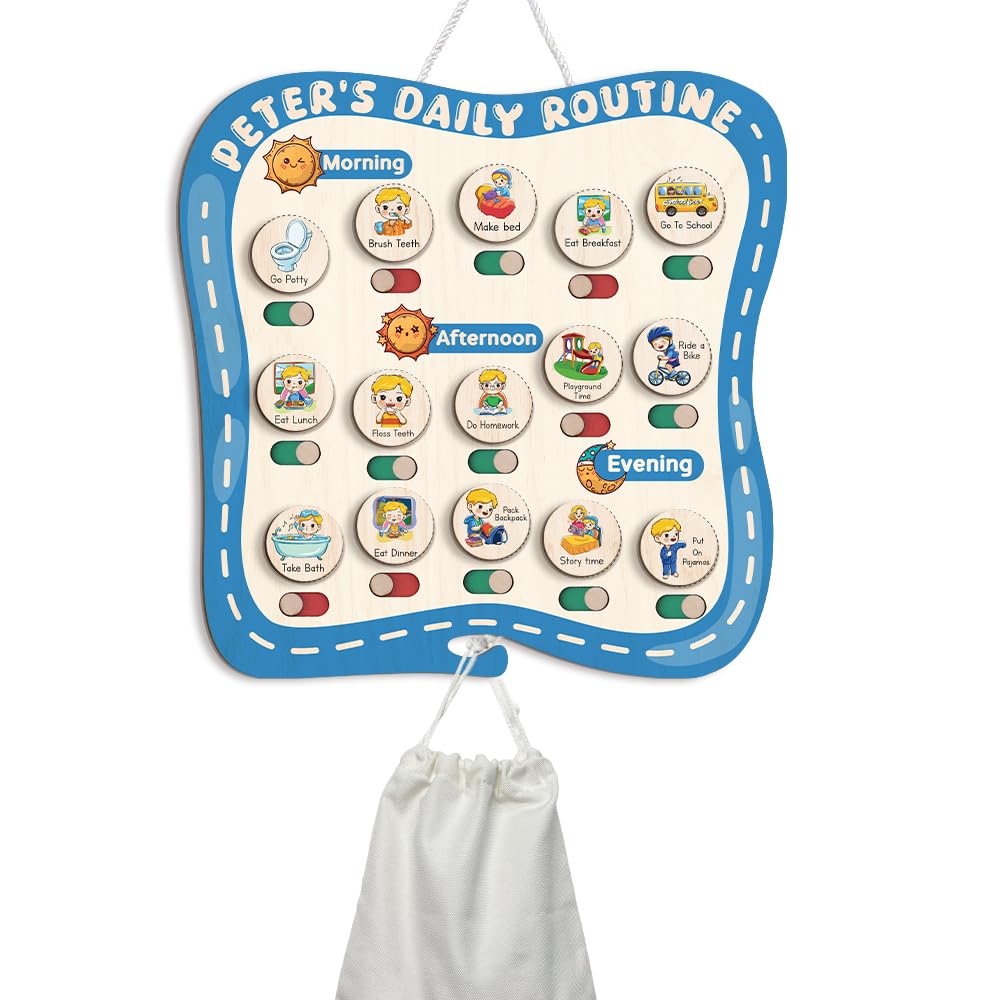 Wooden Daily Routine Chart for Kids, Montessori Visual Schedule & Reward Board with Stars for Toddlers Ages 3–6