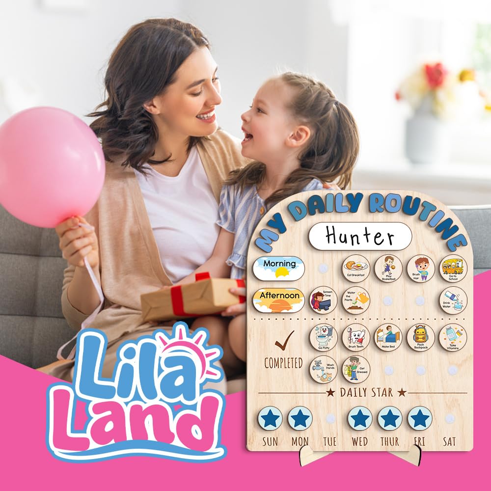 Wooden Daily Routine Chart for Kids, Visual Chore & Reward System with Morning & Bedtime Tasks