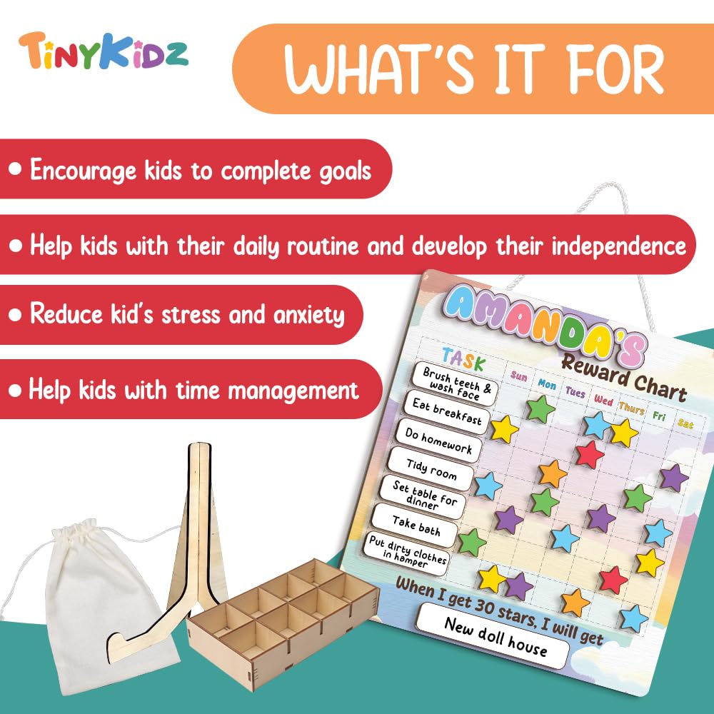 Wooden Daily Routine Chart for Kids, Montessori Visual Schedule & Reward Board with Stars for Toddlers Ages 3–6