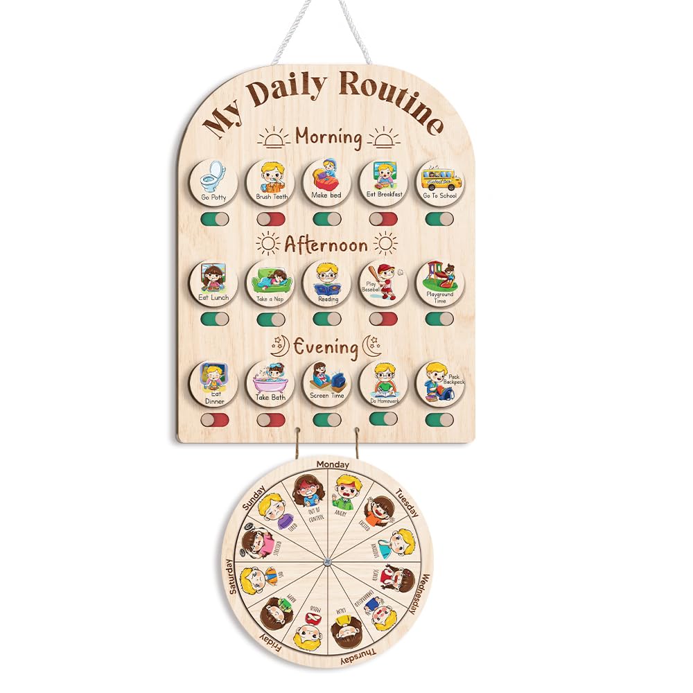 Wooden Daily Routine Chart for Kids, Montessori Visual Schedule & Reward Board with Stars for Toddlers Ages 3–6