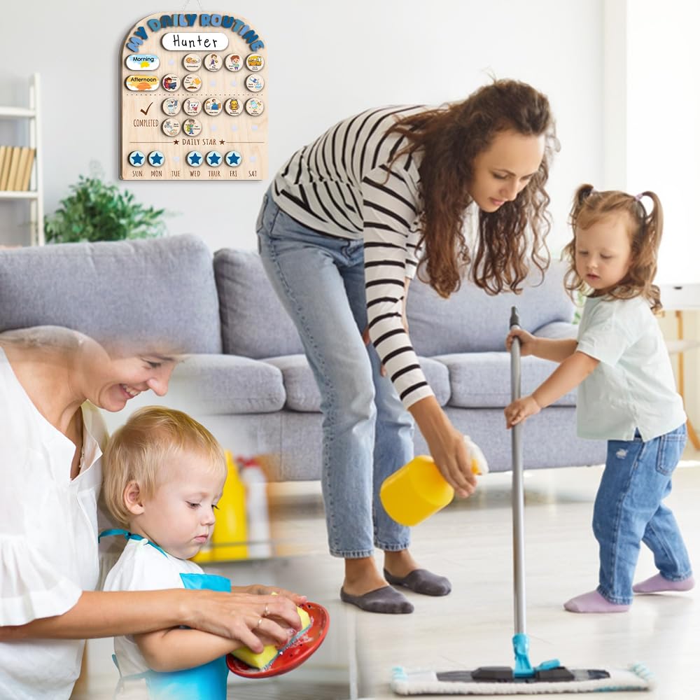 Wooden Daily Routine Chart for Kids, Visual Chore & Reward System with Morning & Bedtime Tasks