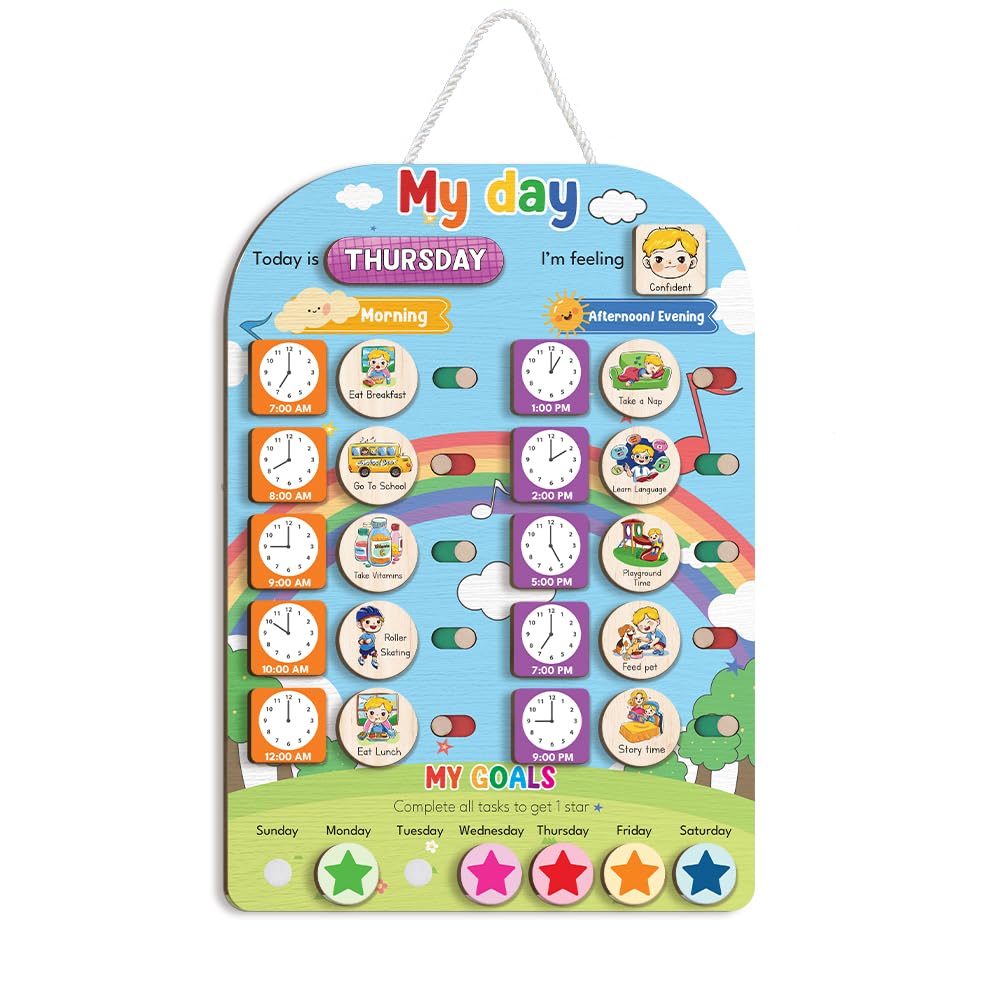 Wooden Daily Routine Chart for Kids, Montessori Visual Schedule & Reward Board with Stars for Toddlers Ages 3–6