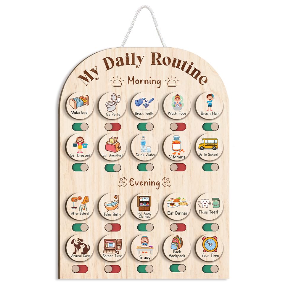 Wooden Daily Routine Chart for Kids, Montessori Visual Schedule & Reward Board with Stars for Toddlers Ages 3–6