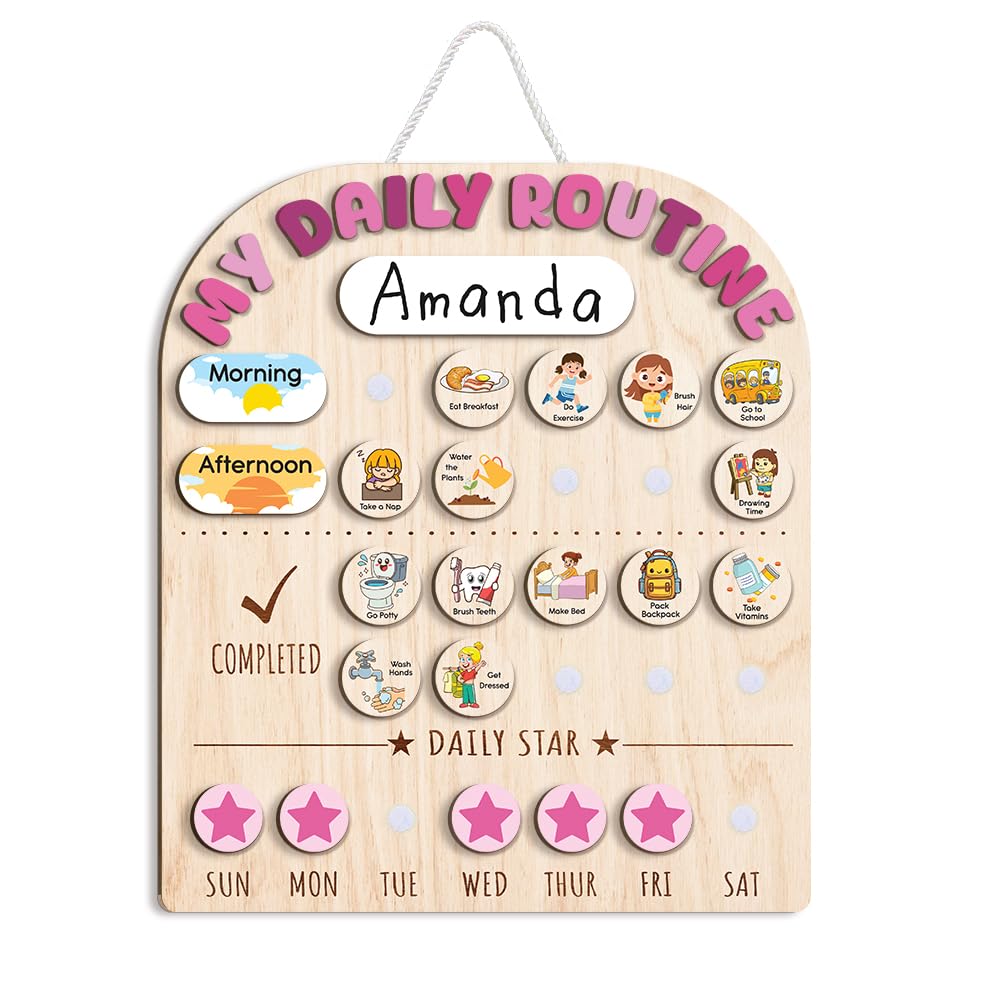 Wooden Daily Routine & Chore Chart for Kids, Visual Schedule, Reward
