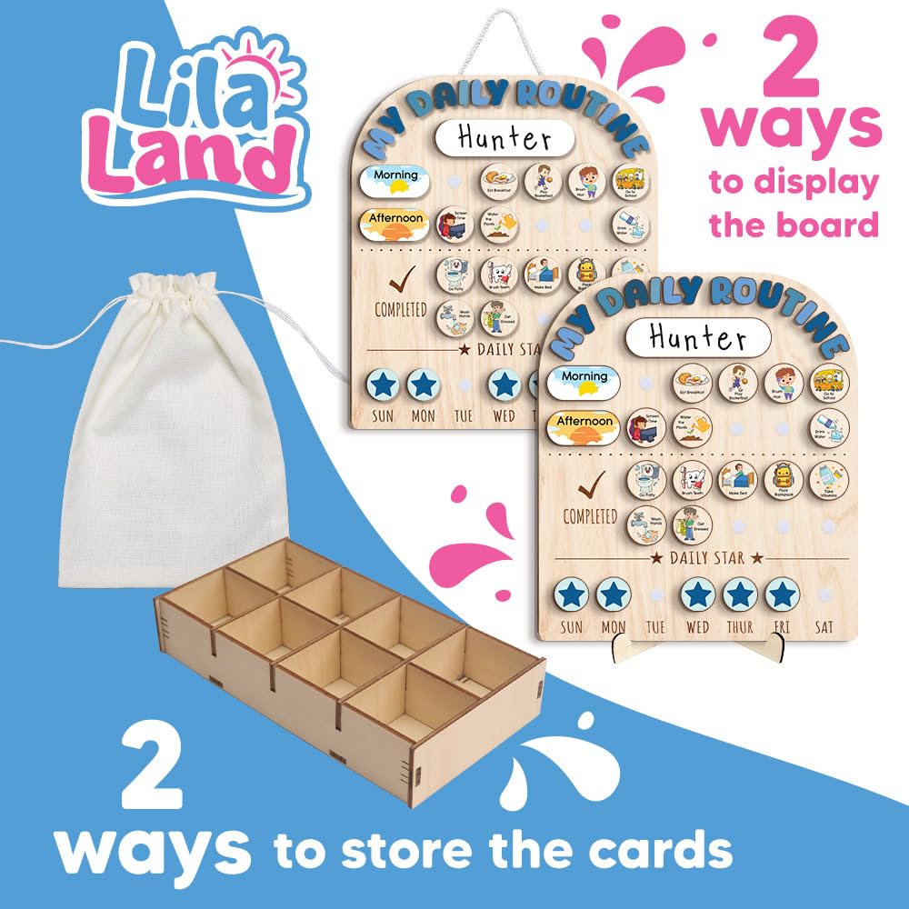 Wooden Daily Routine Chart for Kids, Visual Chore & Reward System with Morning & Bedtime Tasks