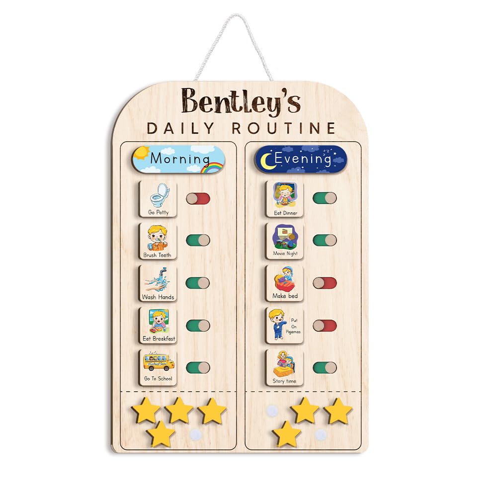 Wooden Daily Routine Chart for Kids, Montessori Visual Schedule & Reward Board with Stars for Toddlers Ages 3–6