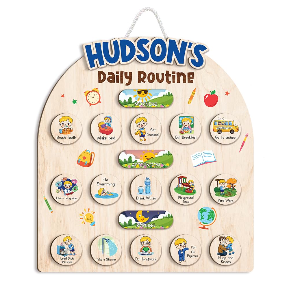 Wooden Daily Routine Chart for Kids, Visual Chore & Reward System with Morning & Bedtime Tasks
