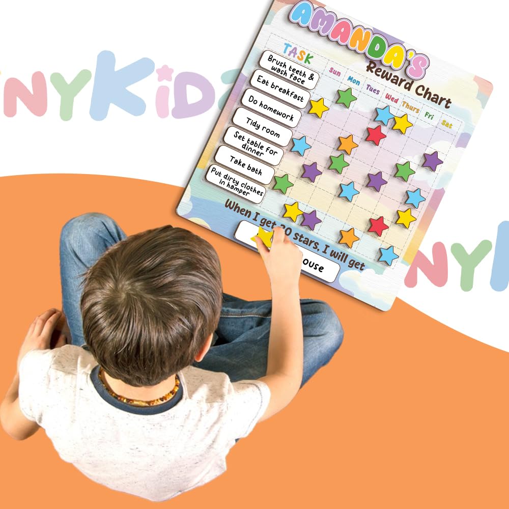 Wooden Daily Routine Chart for Kids, Montessori Visual Schedule & Reward Board with Stars for Toddlers Ages 3–6