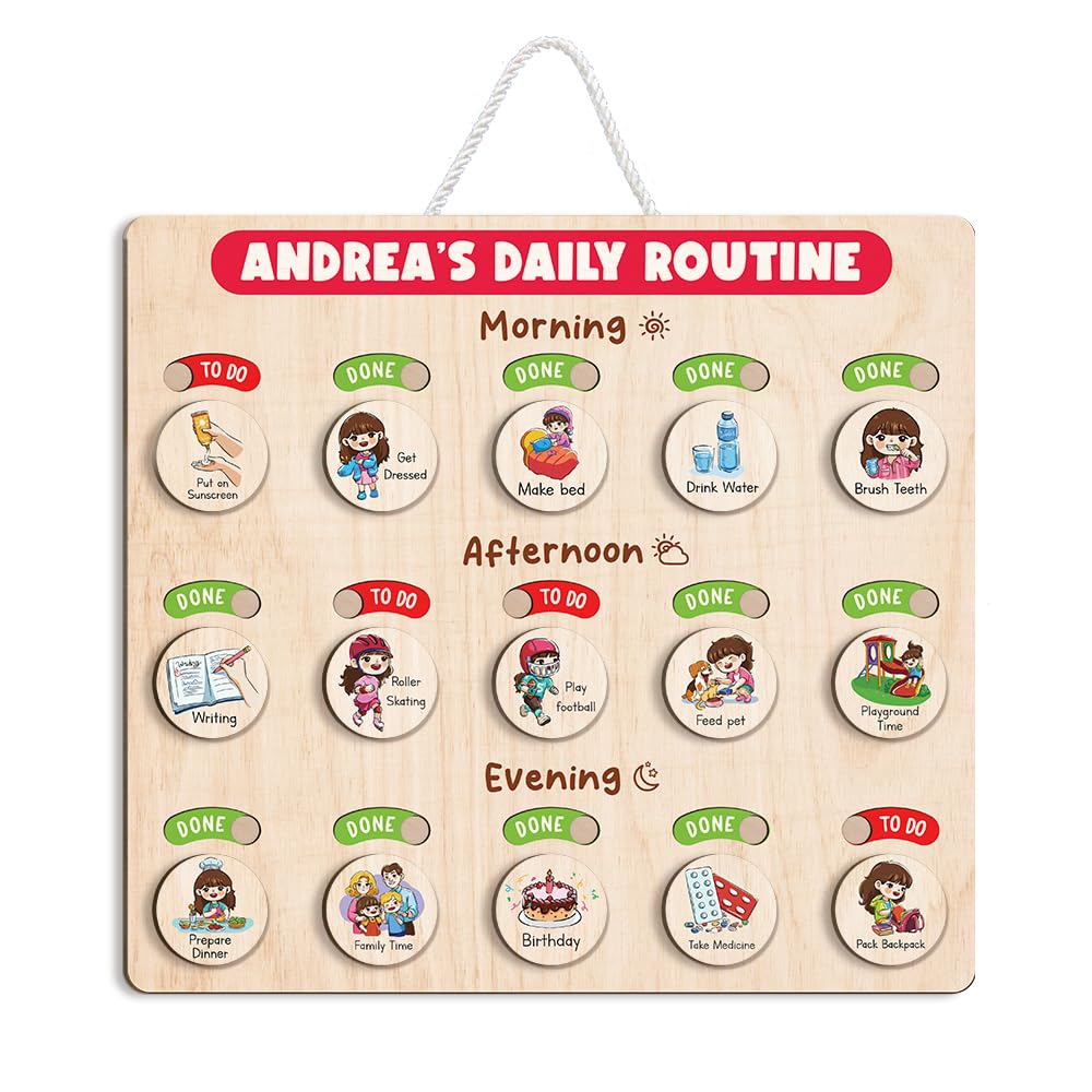 Wooden Daily Routine Chart for Kids, Visual Chore & Reward System with Morning & Bedtime Tasks