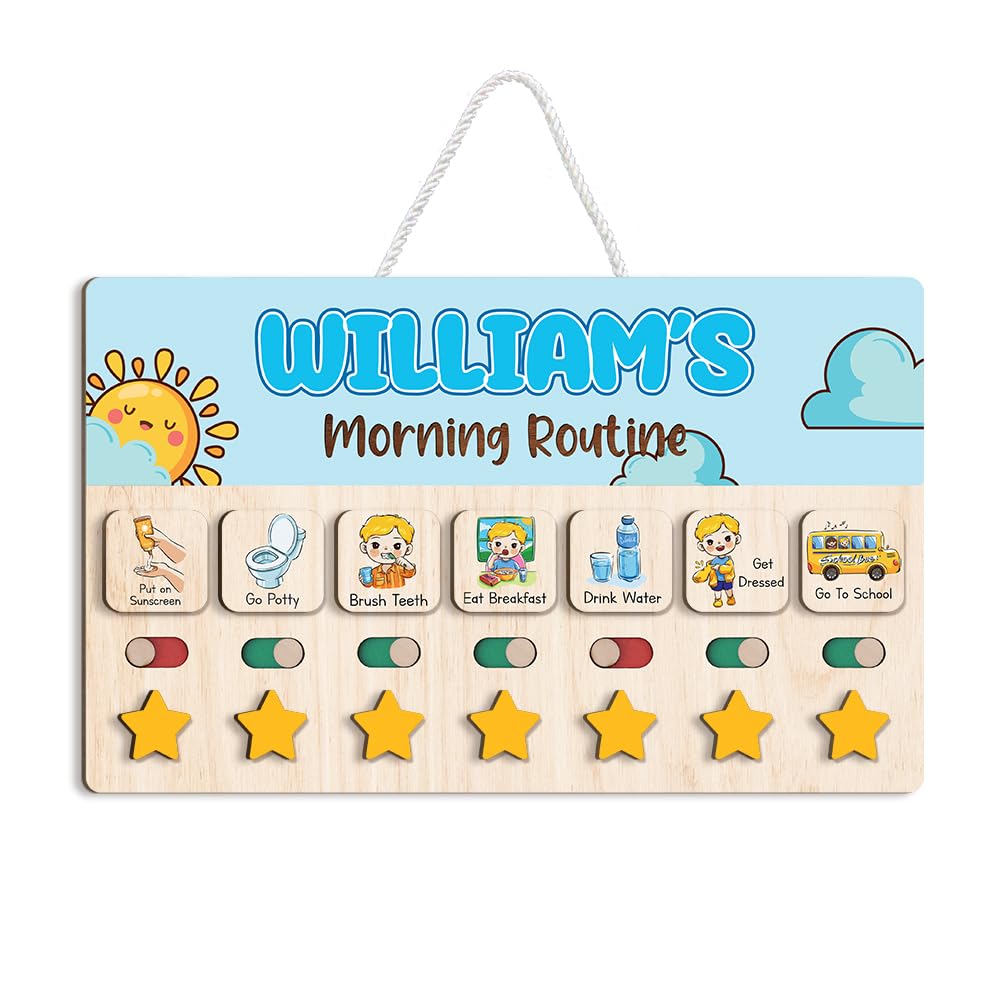 Wooden Daily Routine Chart for Kids, Visual Chore & Reward System with Morning & Bedtime Tasks
