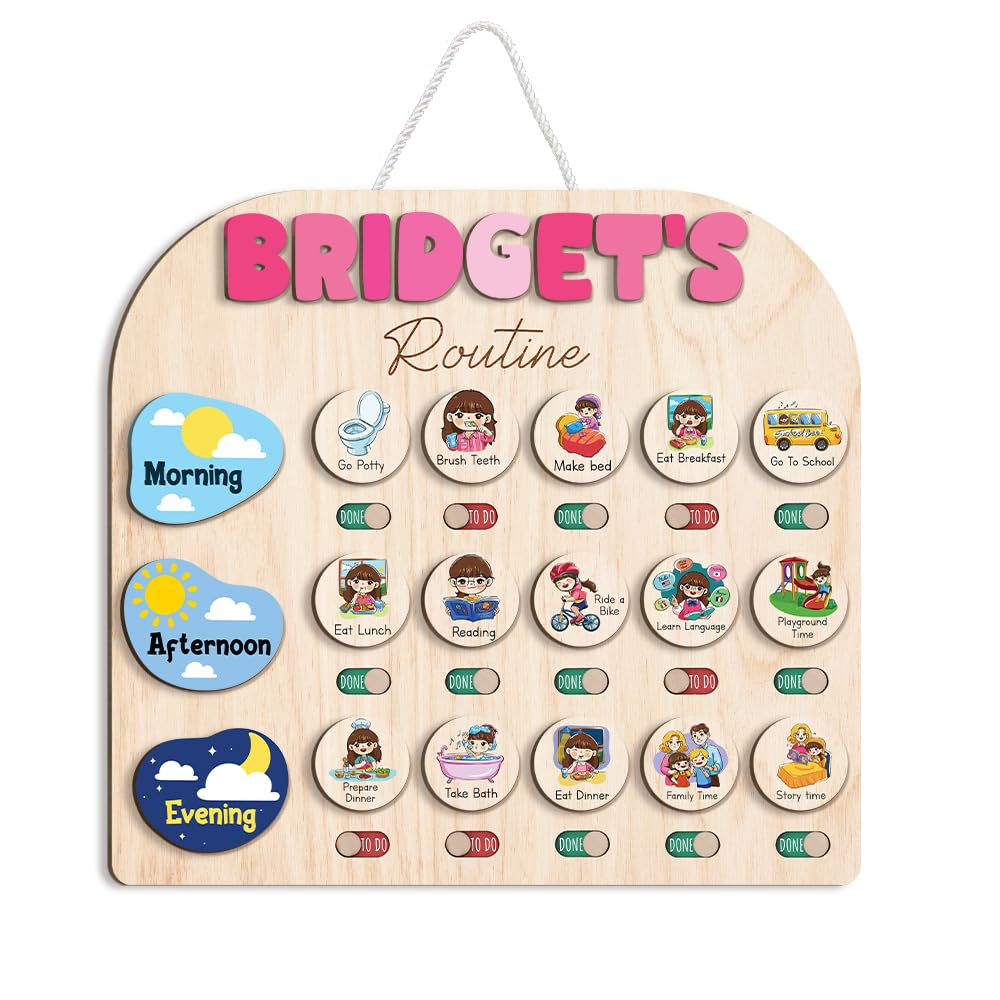 Wooden Daily Routine Chart for Kids, Montessori Visual Schedule & Reward Board with Stars for Toddlers Ages 3–6