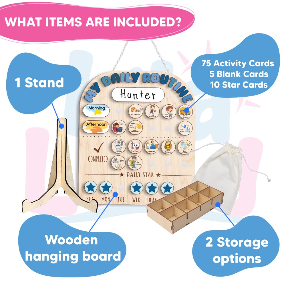 Wooden Daily Routine Chart for Kids, Visual Chore & Reward System with Morning & Bedtime Tasks