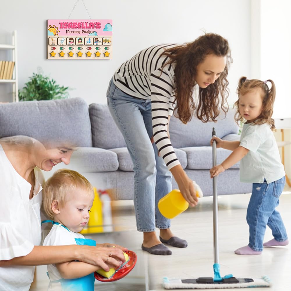 Wooden Daily Routine & Chore Chart for Kids, Visual Schedule, Reward