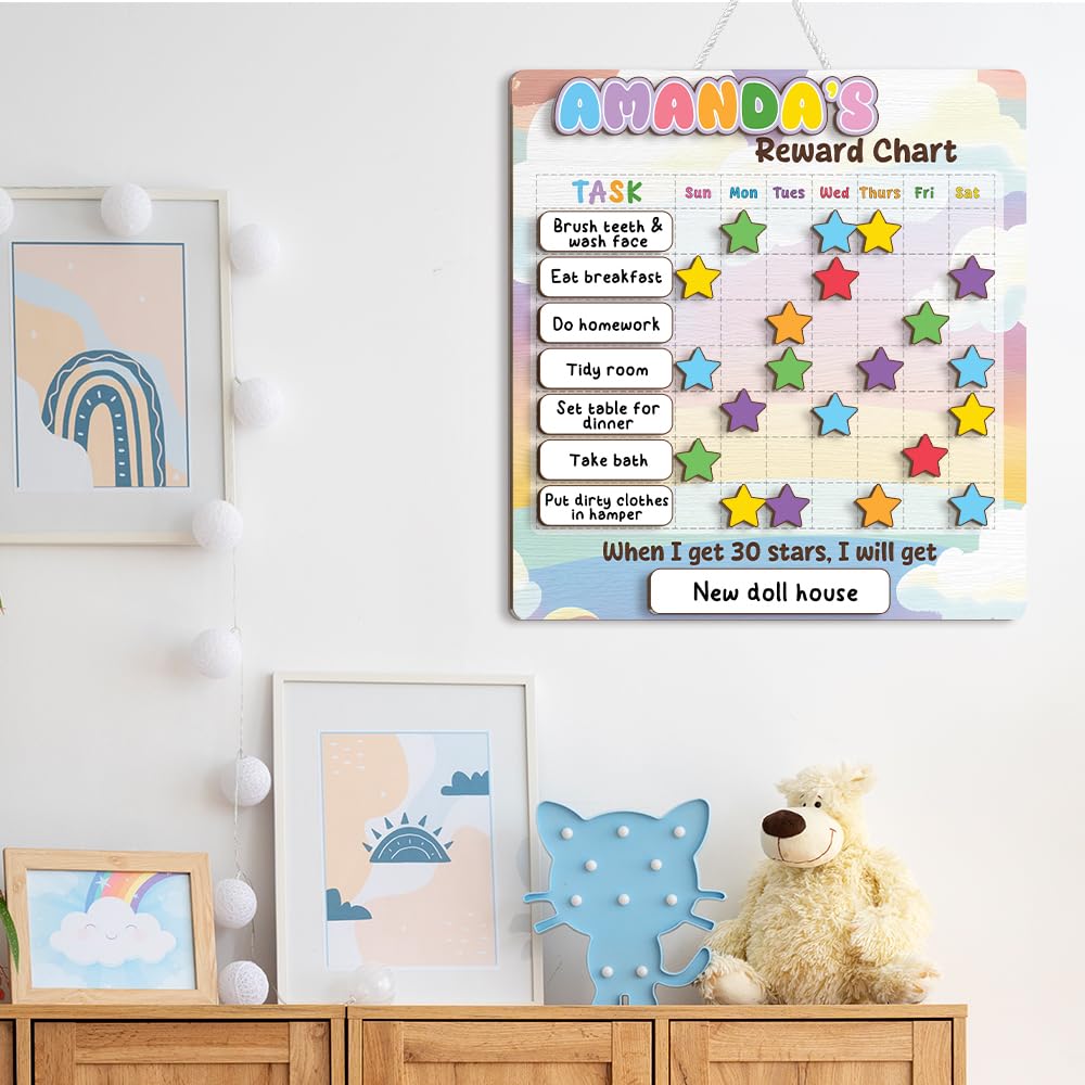 Wooden Daily Routine Chart for Kids, Montessori Visual Schedule & Reward Board with Stars for Toddlers Ages 3–6