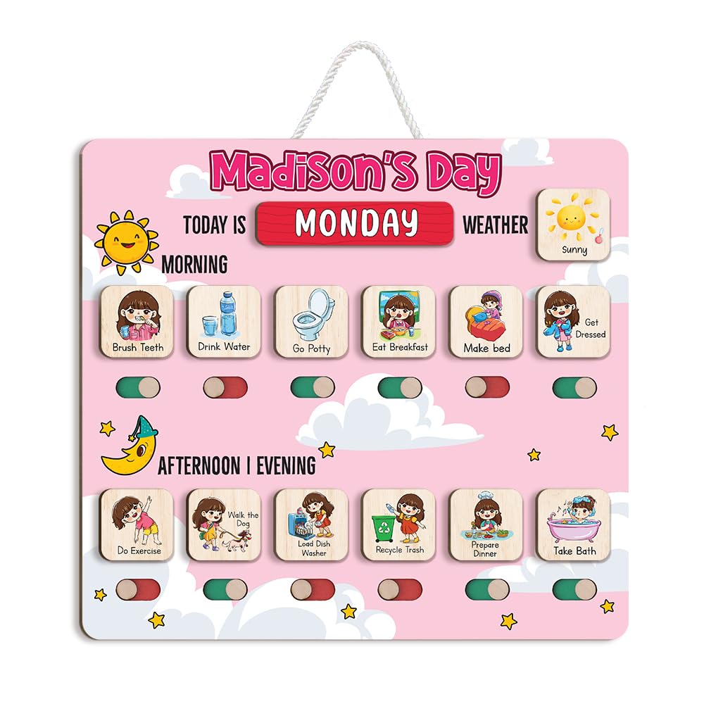 Wooden Daily Routine & Chore Chart for Kids, Visual Schedule, Reward
