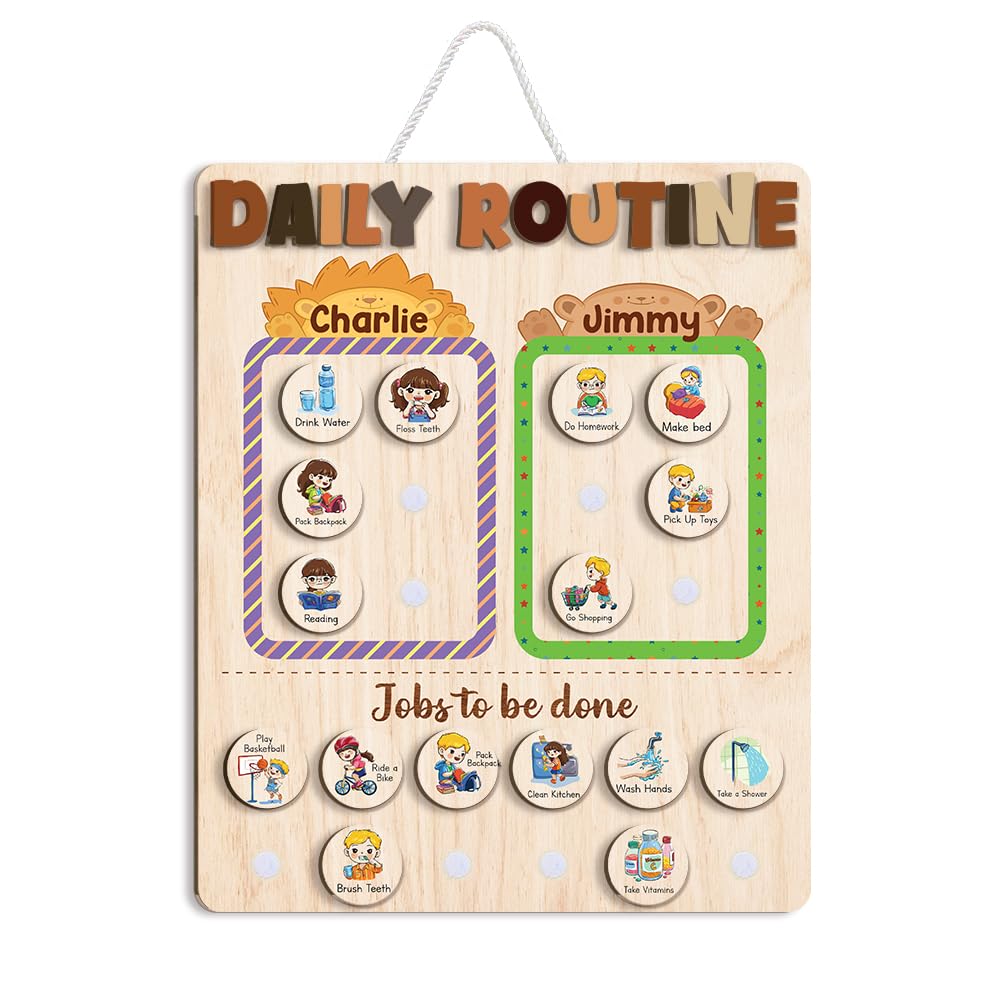 Wooden Daily Routine Chart for Kids, Montessori Visual Schedule & Reward Board with Stars for Toddlers Ages 3–6