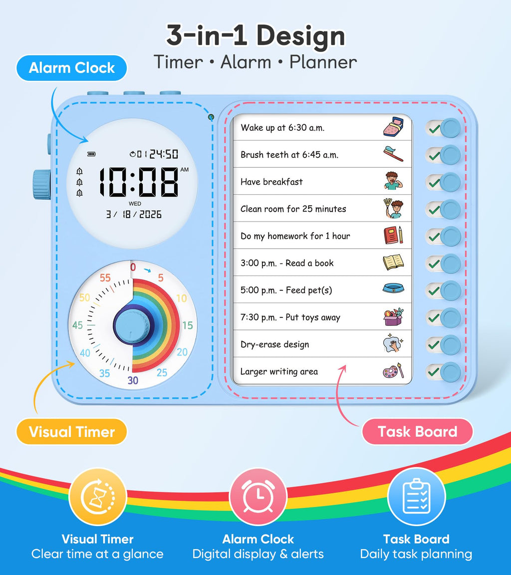 Visual Timer & Task Planner for Kids, ADHD Chore Chart Board with Daily Checklist for Home & Classroom Use