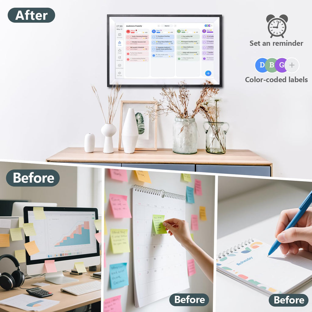 15.6" Smart Digital Calendar Chore Chart, 1080P Full HD Interactive Touchscreen Family Planner for Wall & Desk Mount, Monthly & Weekly Scheduling System (Black)