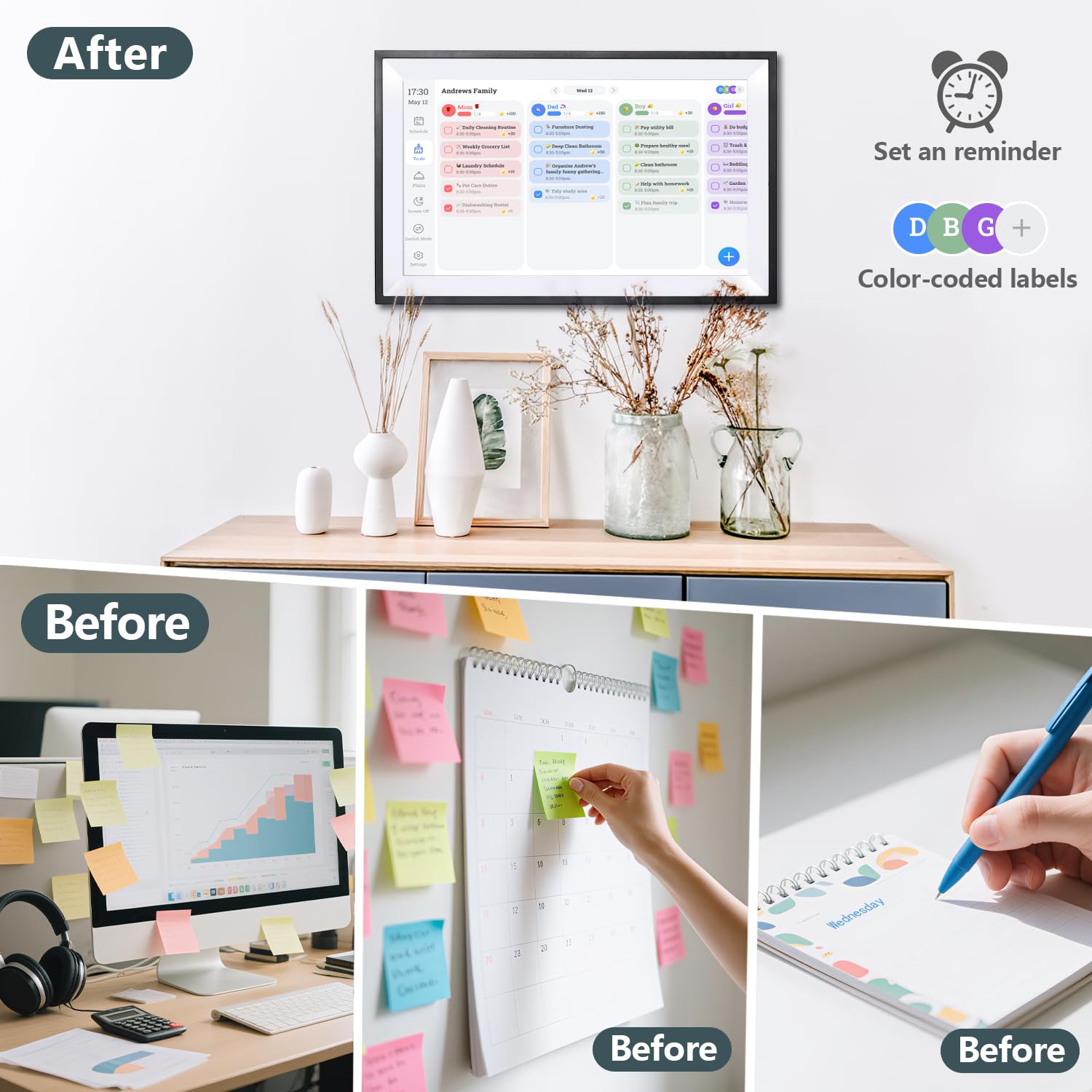 15.6" Smart Digital Calendar Chore Chart, 1080P Full HD Interactive Touchscreen Family Planner for Wall & Desk Mount, Monthly & Weekly Scheduling System (Black)