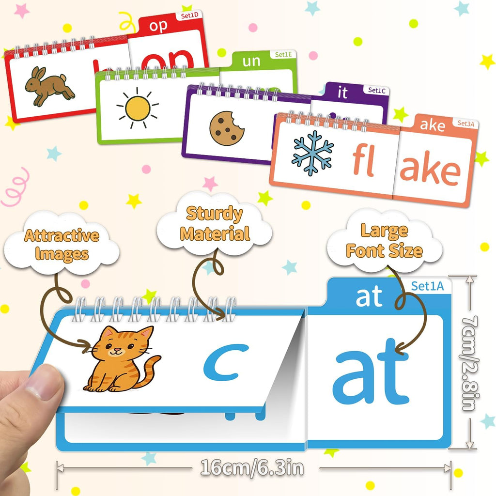 Phonics Flash Cards & Word Family Flip Book, CVC Reading Games for Kids Ages 3–8