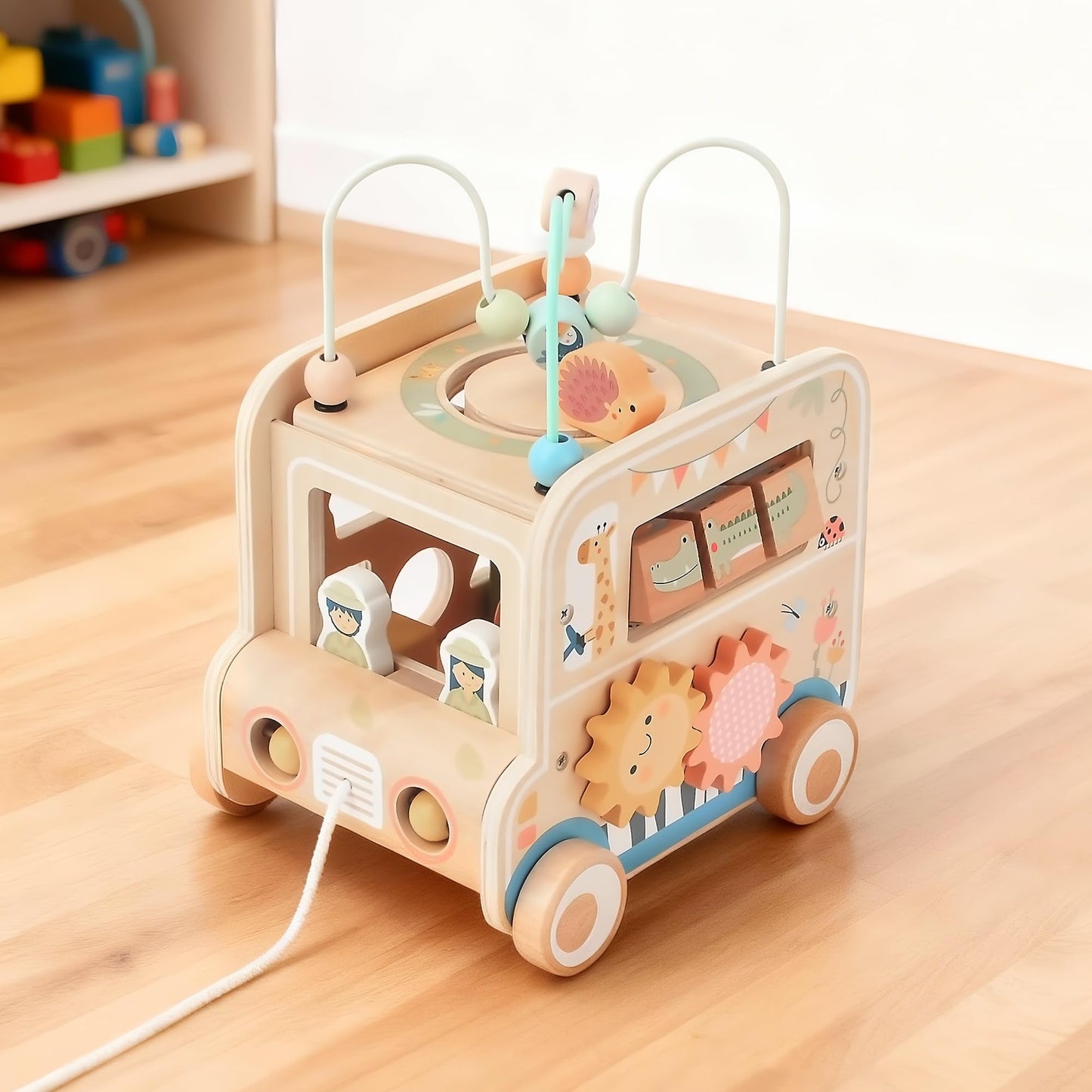 Wooden Pull-Along Activity Cube Montessori Toy for Toddlers 1–3