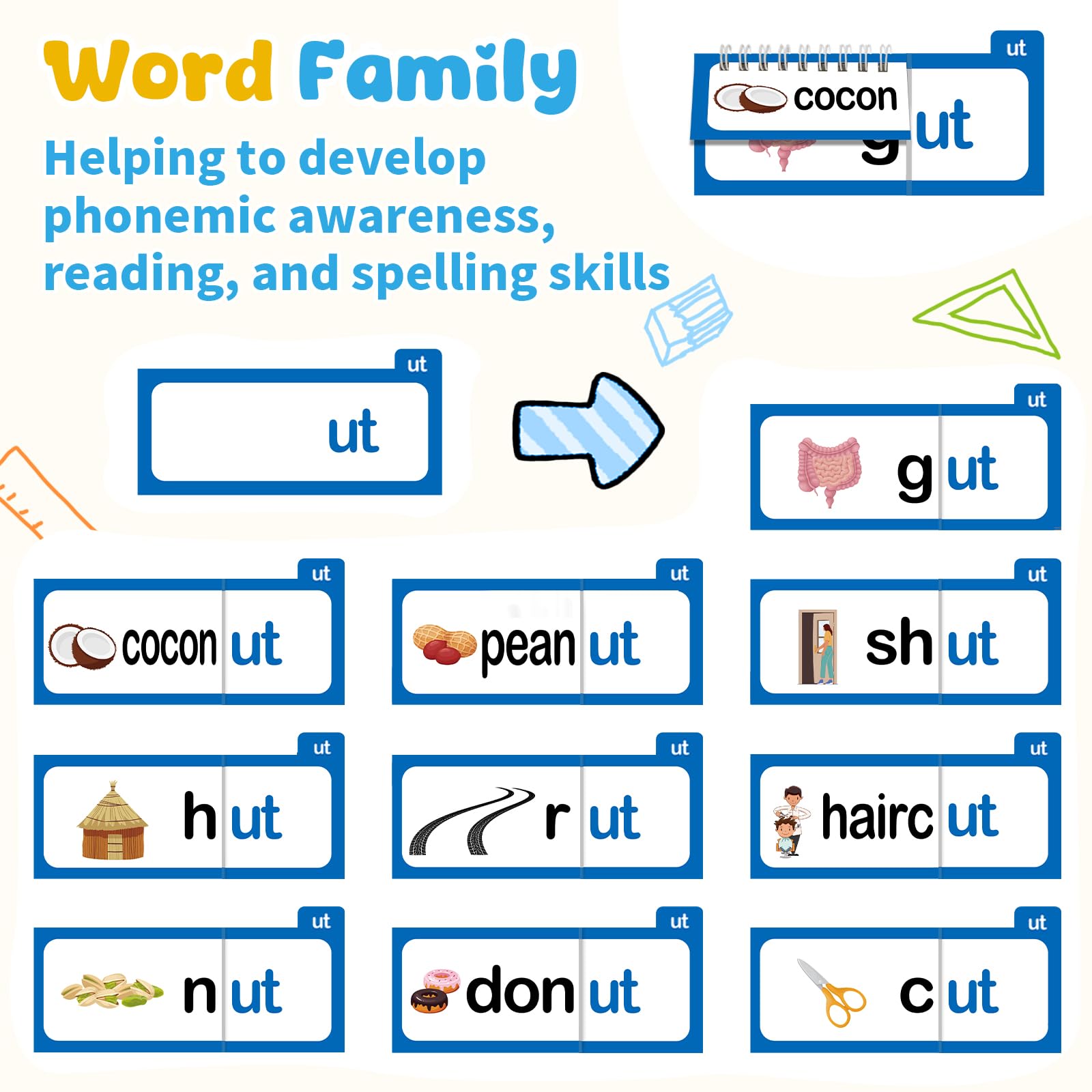 Word Family Flip Book, CVC Words Flash Cards, Kids Reading Games