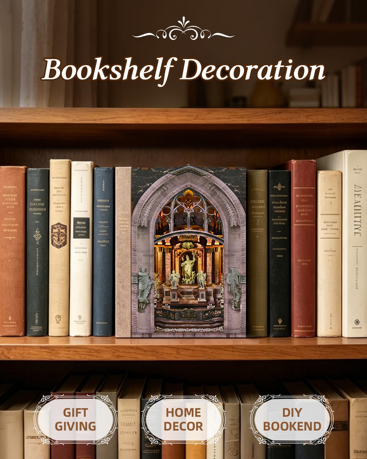 DIY Book Nook Miniature House Kit, Church Style 3D Wooden Dollhouse Model for Shelf Display and Home Decor