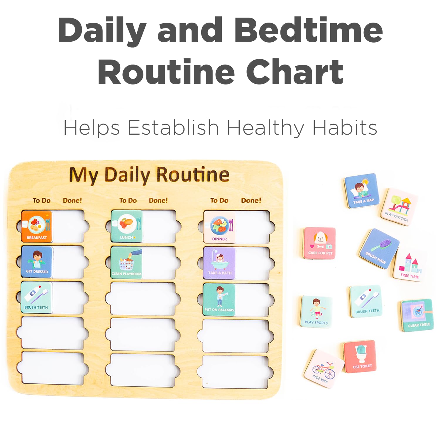 Wooden Toddler Routine Chart, Montessori Visual Schedule & Daily Bedtime Chore Board for Kids Ages 3–6