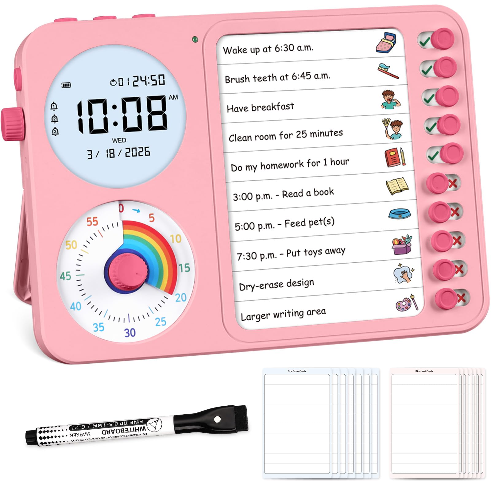 Visual Timer & Task Planner for Kids, ADHD Chore Chart Board with Daily Checklist for Home & Classroom Use