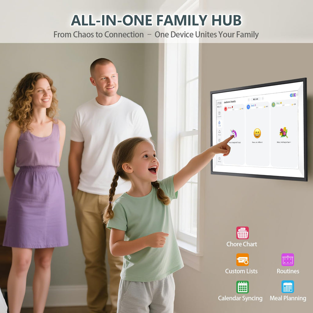 15.6" Smart Digital Calendar Chore Chart, 1080P Full HD Interactive Touchscreen Family Planner for Wall & Desk Mount, Monthly & Weekly Scheduling System (Black)