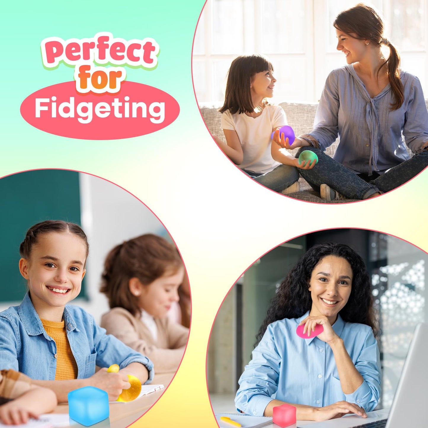 Fidget Stress Cube 6-Pack, Squishy Sensory Gel Toys for Anxiety Relief, Classroom & ADHD Calming Toys for Kids, Teens & Adults